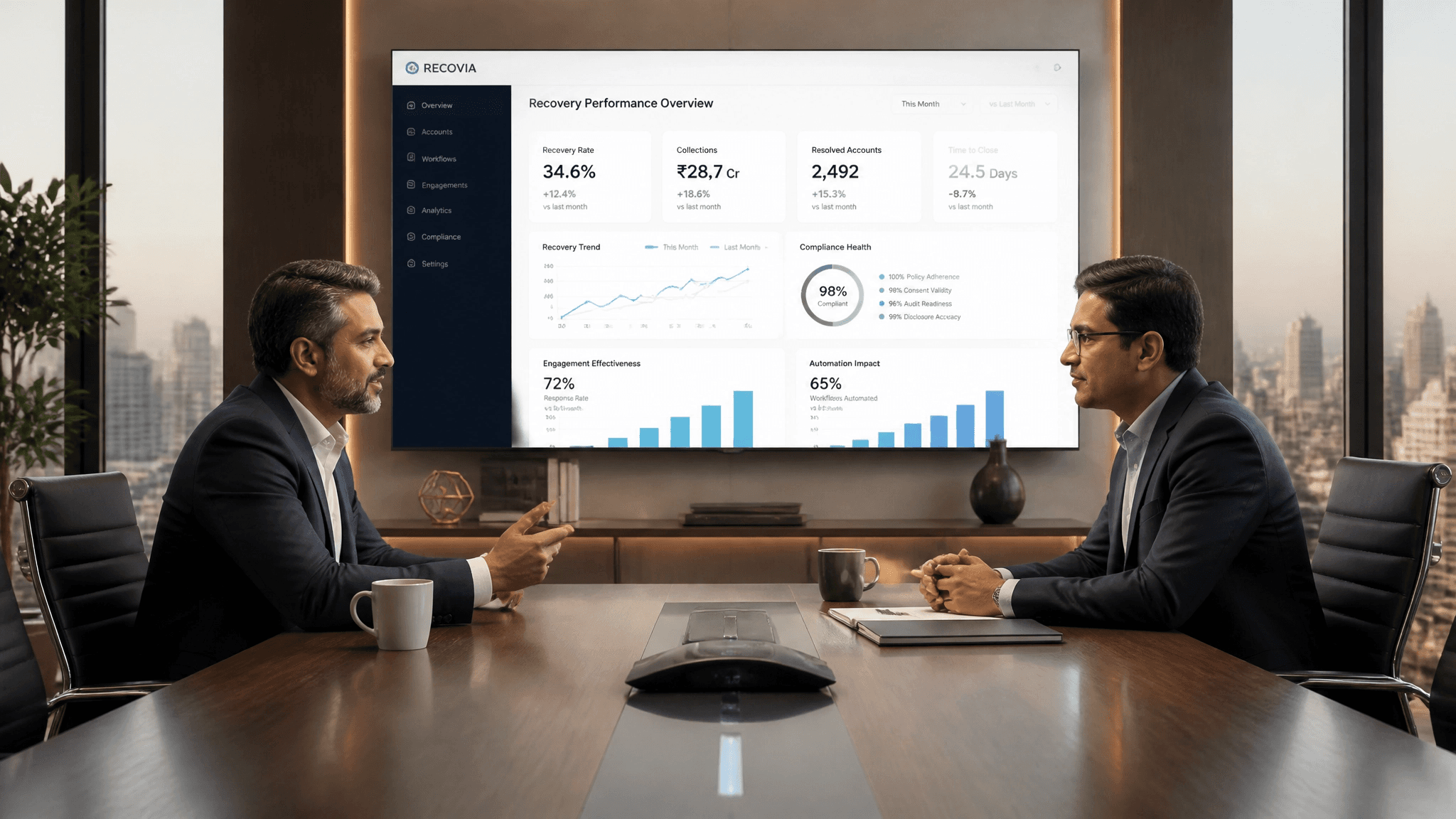Two business professionals reviewing a commercial recovery outcome together, shaking hands across a table.