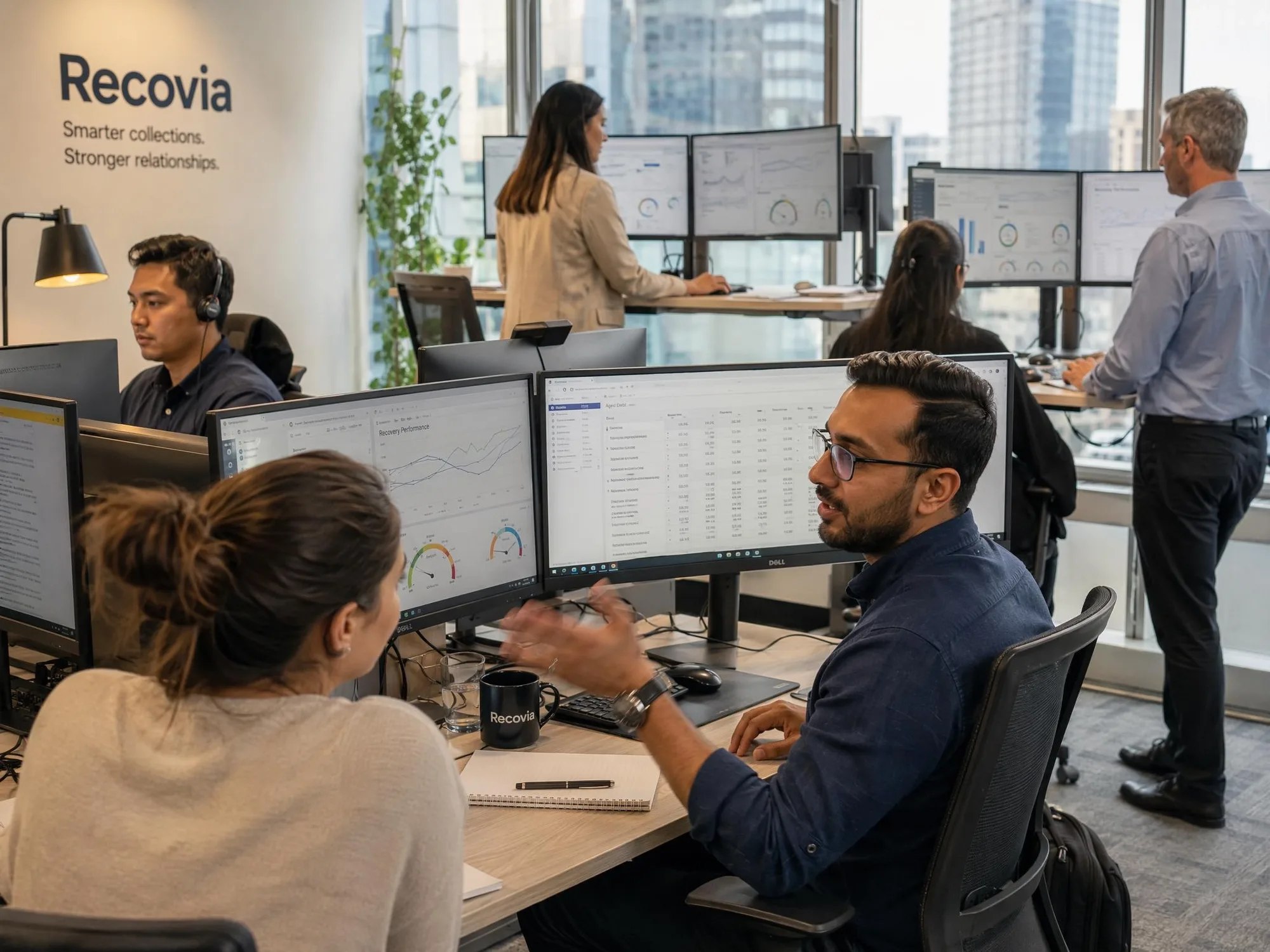 The Recovia recovery floor: collectors working across dual monitors under the company wordmark and the line ‘Smarter collections. Stronger relationships.’